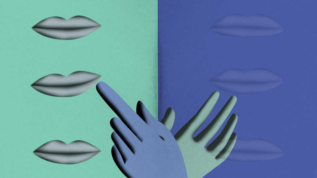 A hand points to close lips.