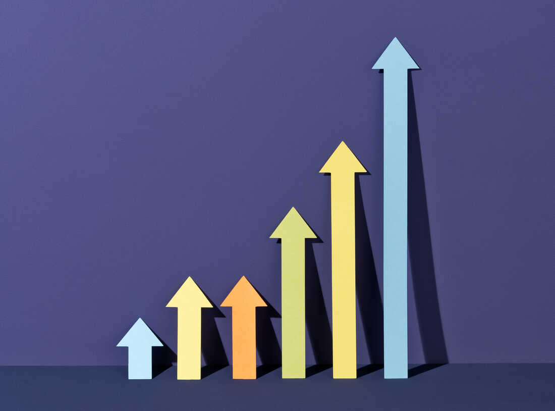 Rising Bar Chart Moving up Composed of Rising Arrows Made of Paper on Purple Colored Background Front View.