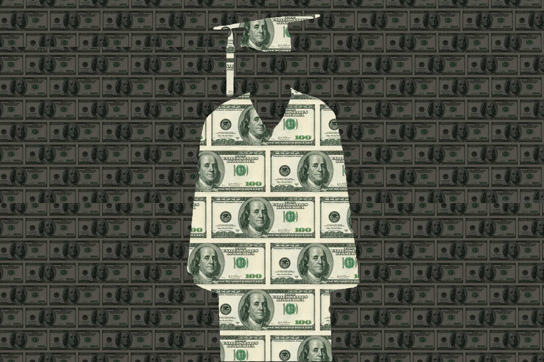 Graduation cap and gown made of 100 dollar bills
